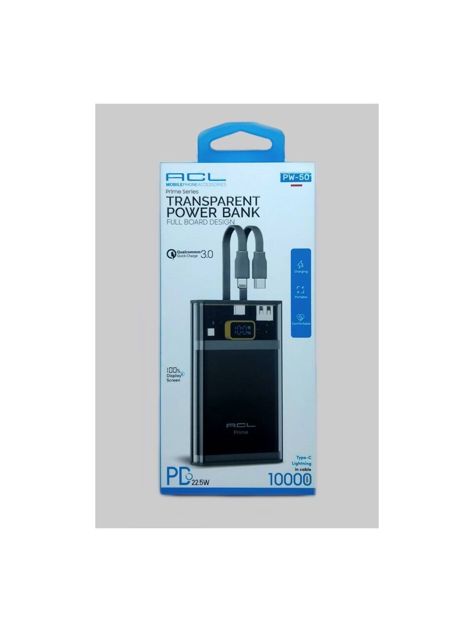 Acl Şeffaf Göstergeli 10000MAH Lightning ve Type-C Kablolu Hızlı Şarj Powerbank