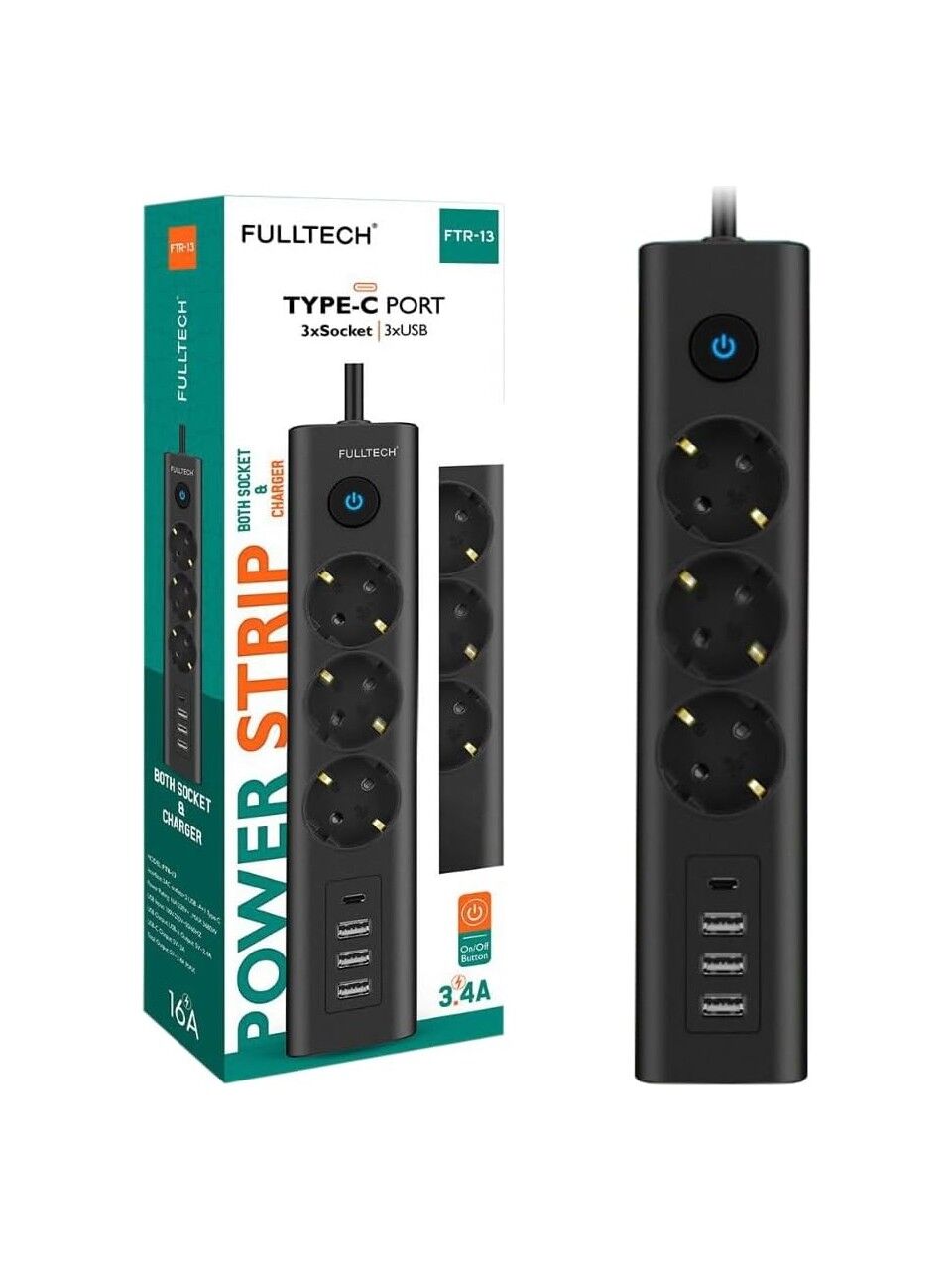 Fulltech Type-C Port Girişli Akım Korumalı 3'lü Priz, 3 Usb, 1 Type-C Giriş, Isıya Dayanıklı