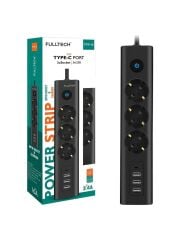 Fulltech Type-C Port Girişli Akım Korumalı 3'lü Priz, 3 Usb, 1 Type-C Giriş, Isıya Dayanıklı