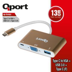 QPORT Q-TV03 TYPE-C TO VGA/USB/TYPE-C 1920x1080P ÇEVİRİCİ ADAPTÖR