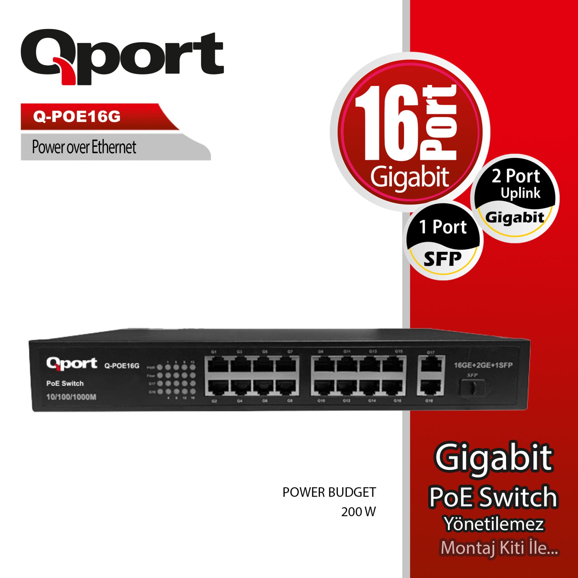 Qport Q-POE16G 16 Port Gigabit PoE Switch - 200W - 2xUplink + 1xSFP