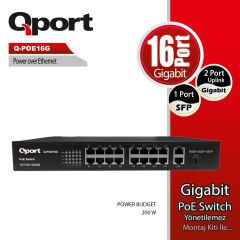 Qport Q-POE16G 16 Port Gigabit PoE Switch - 200W - 2xUplink + 1xSFP