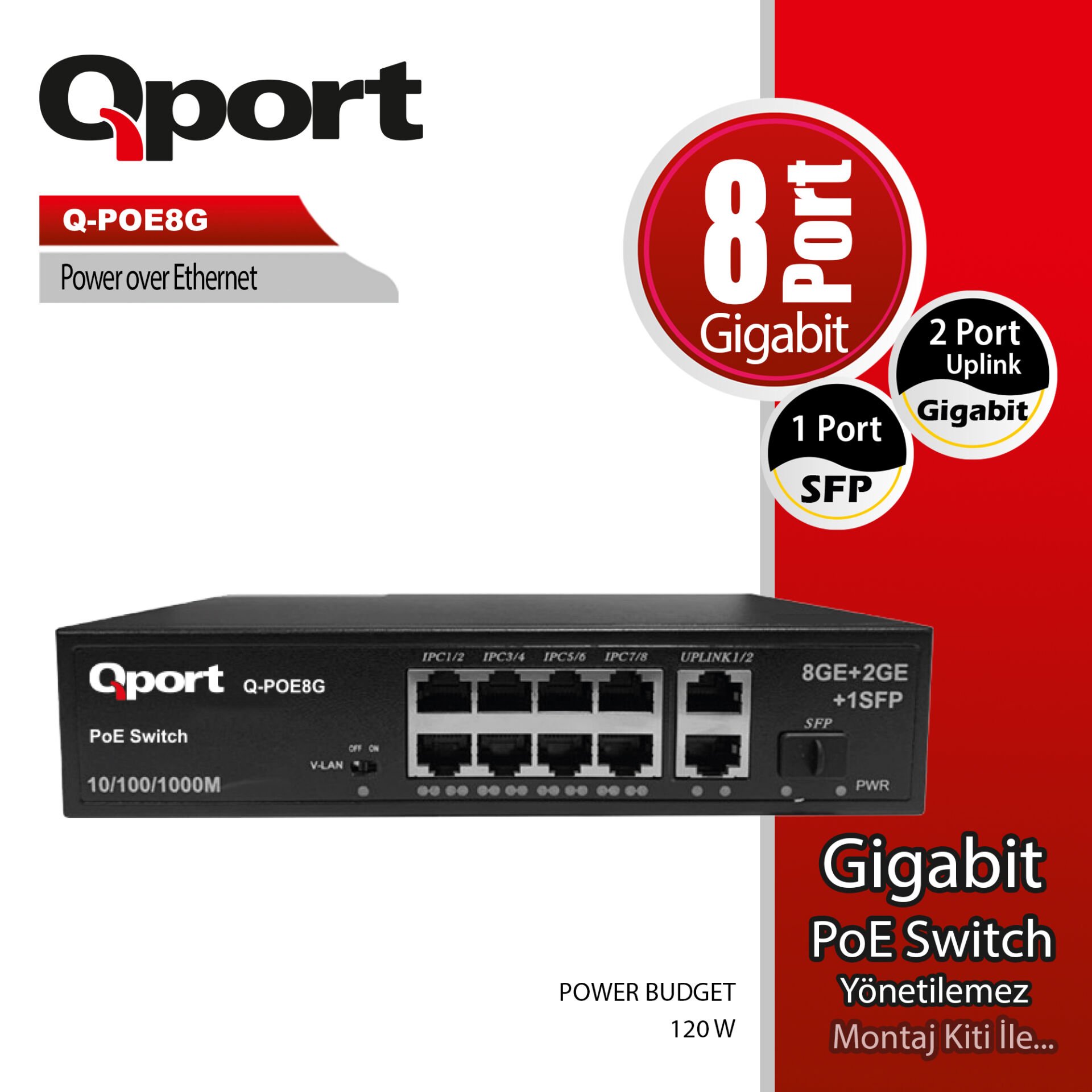 Qport Q-POE8G 8 Port Gigabit PoE Switch - 120W - 2xUplink + 1xSFP