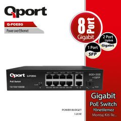 QPORT Q-POE8G 8 PORT 10/100/1000 8 PORT POE 2 PORT UPLINK + 1 SFP 120W YONETILEMEZ DESKTOP SWITCH