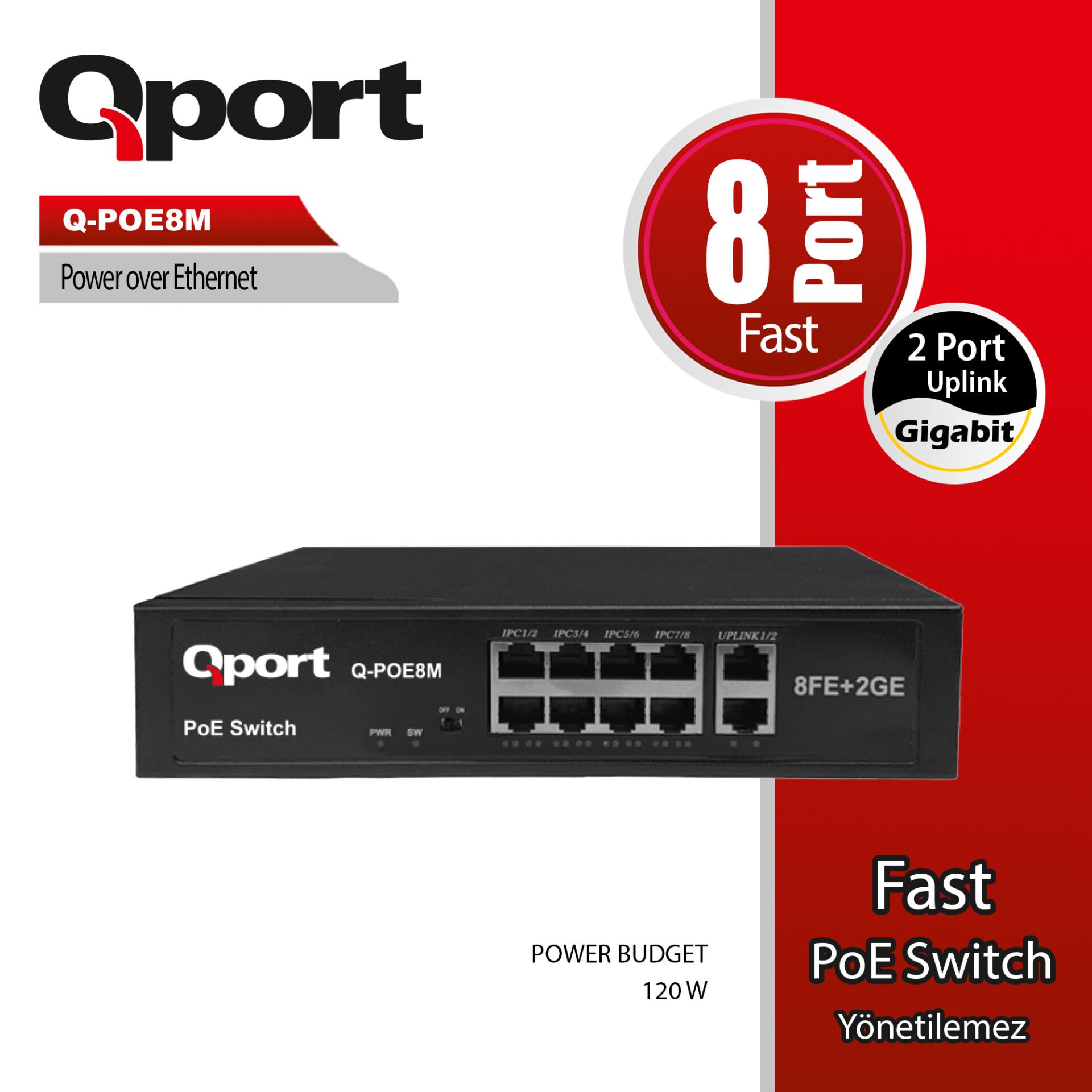 Qport Q-POE8M 8 Port PoE Switch - 120W - 2 Port Uplink - Metal Kasa