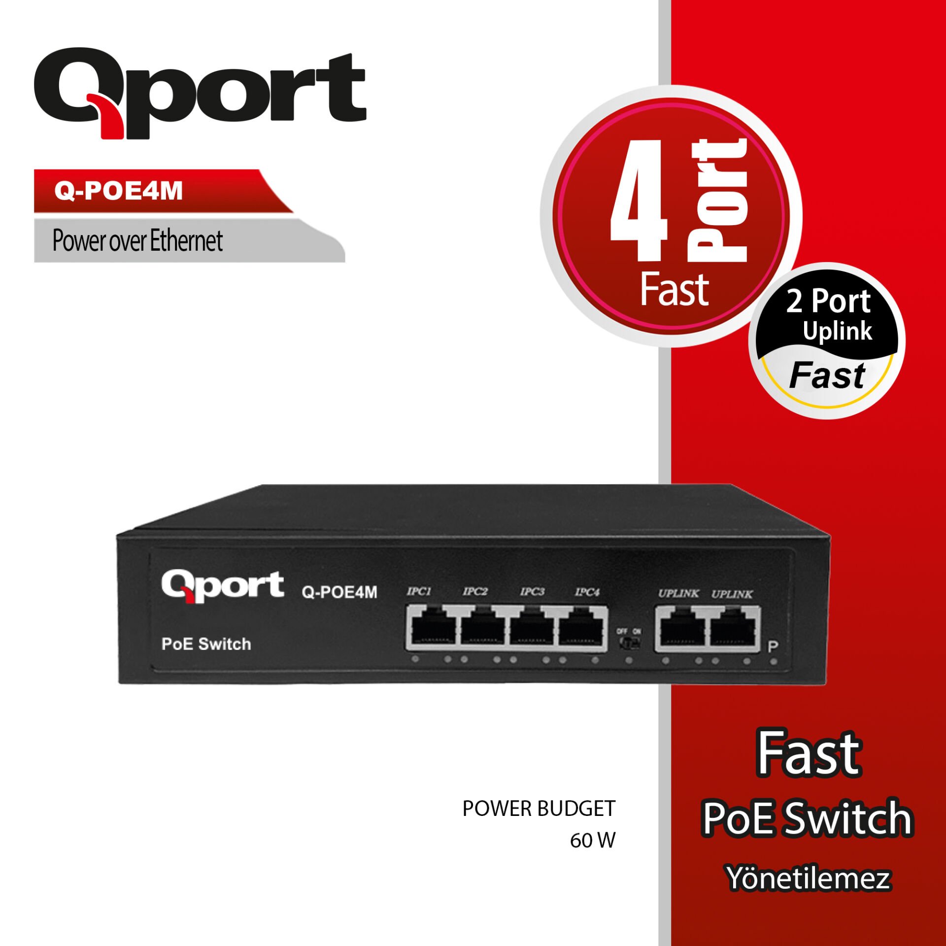 Qport Q-POE4M 4 Port PoE Switch - 60W - 2 Port Uplink - Metal Kasa