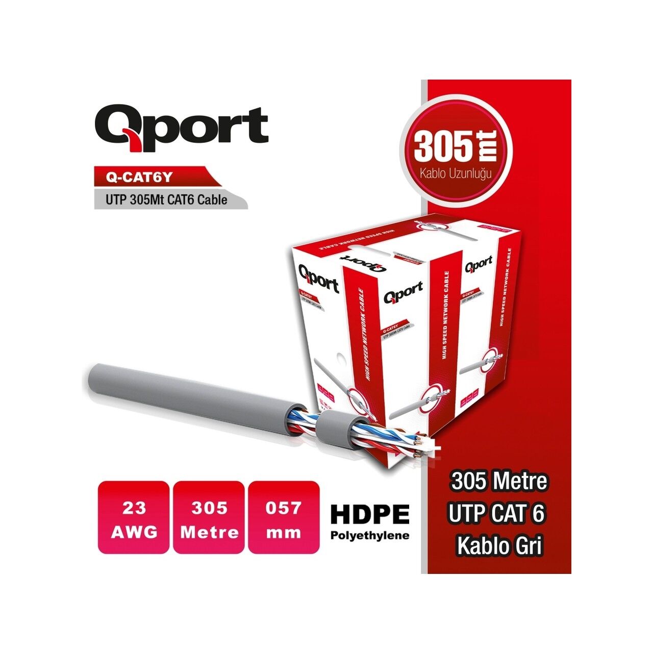 Qport Q-CAT6Y 305mt Rulo CAT6 Kablo - Gri - Yüksek Hızlı Veri Transferi